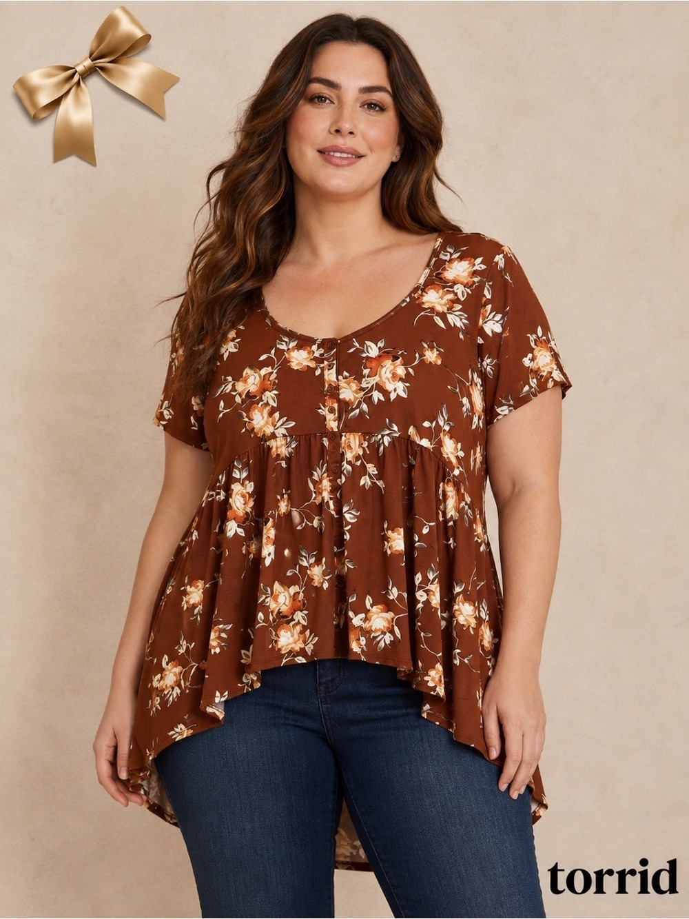 Torrid Short Sleeve Smocked Floral Tunic Brown Cream Roses Large